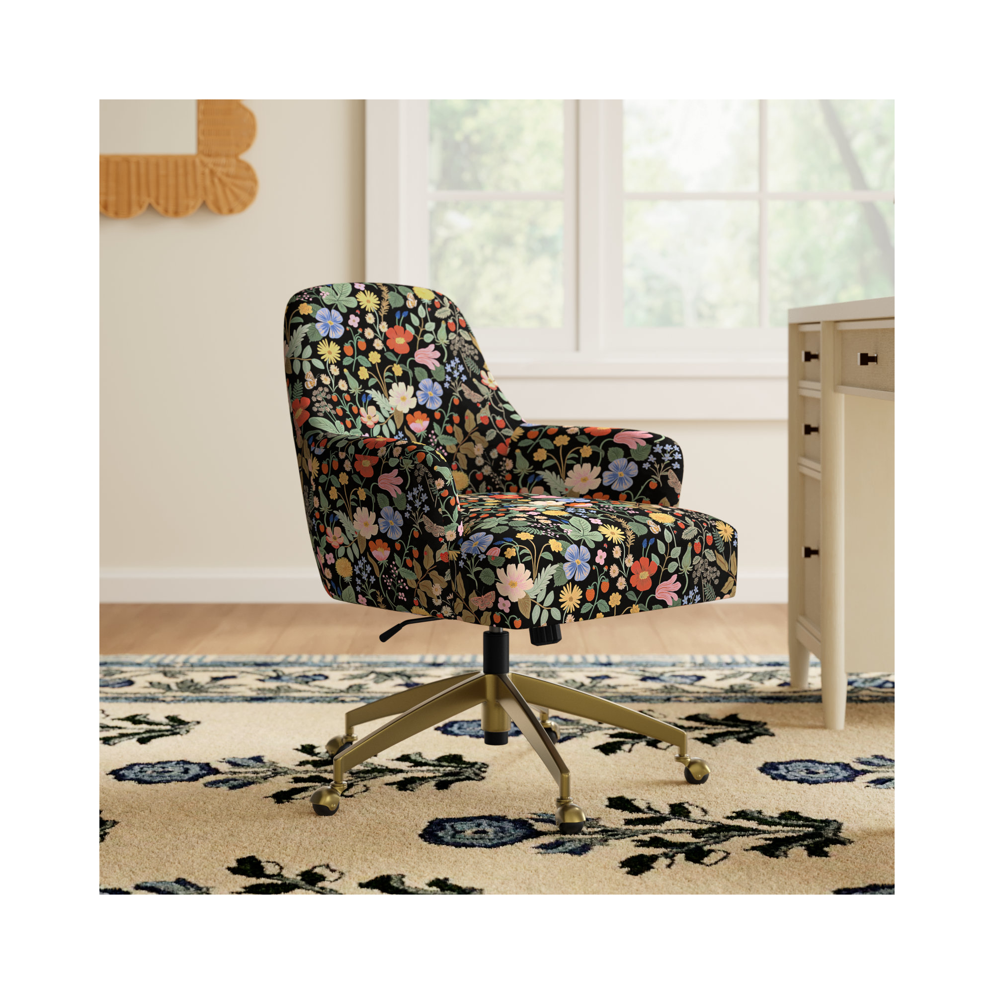 Rifle Paper Co. x Cloth & Company Yvette Office Chair, Brushed Gold, Rpc Stawberry Fields Black Linen