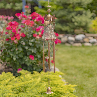 36.5" Long Antique Copper Hanging Iron Angel Holding Heart Wind Chimes "Angela"