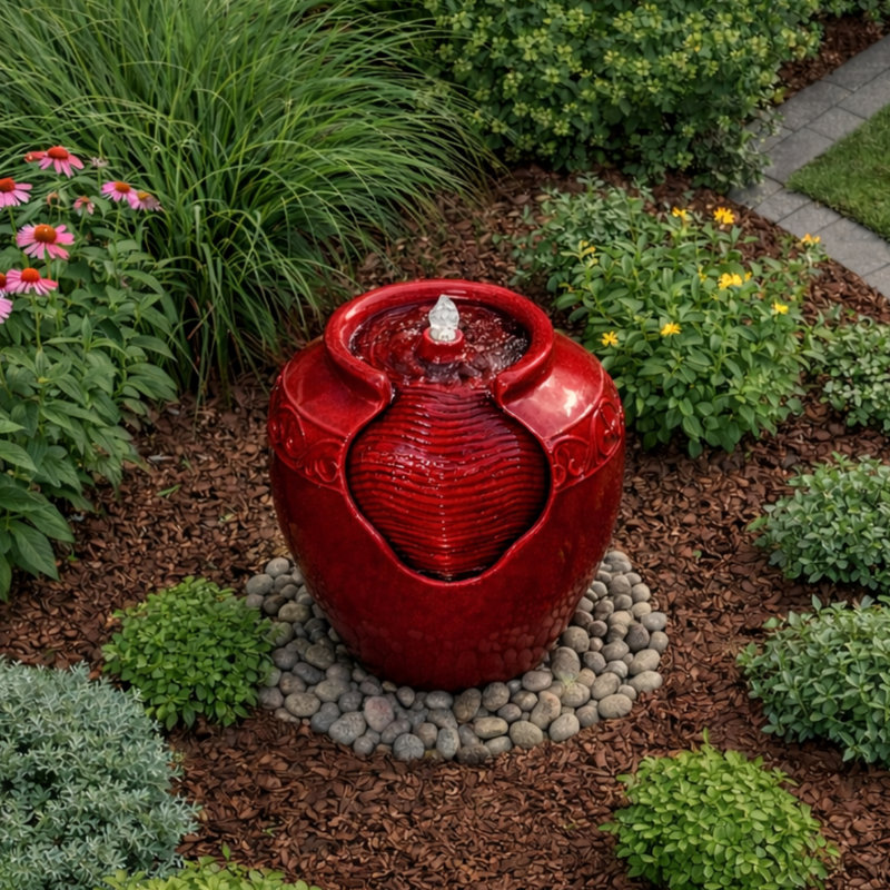 Hand Crafted Weather Resistant Urn Fountain with Light, Red