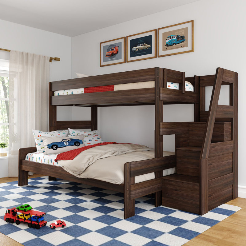 Modern Farmhouse Bunk Bed With Staircase, Twin XL Over Queen, Barnwood Brown
