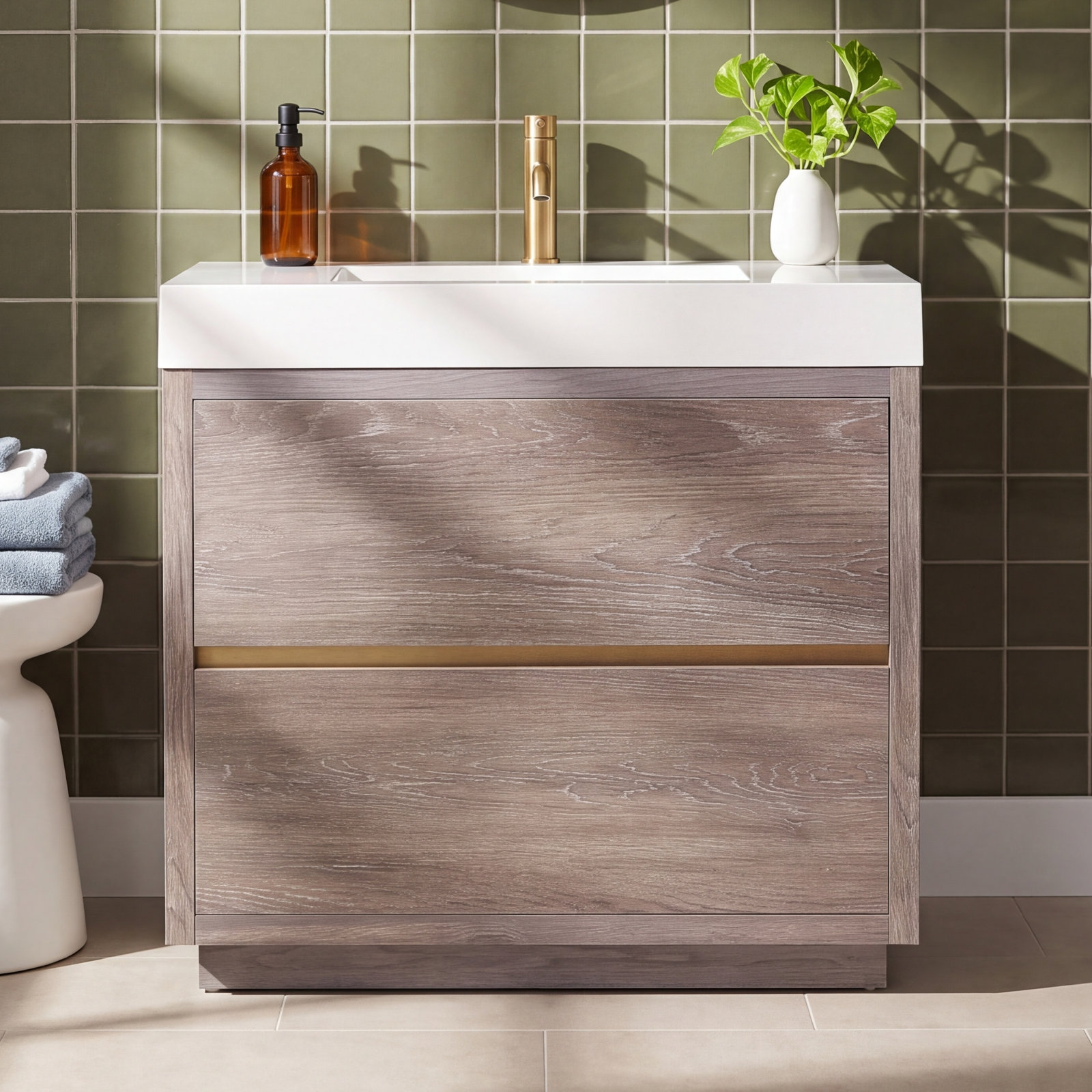Beira Single Bathroom Vanity, North Carolina Oak, 36", White