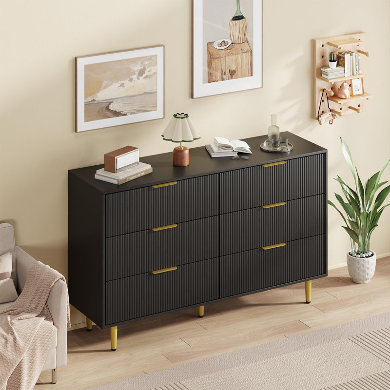 Commode 6 tiroirs cannelée pour chambre à coucher, commode en bois avec poignées en métal pour le rangement du salon ou du couloir