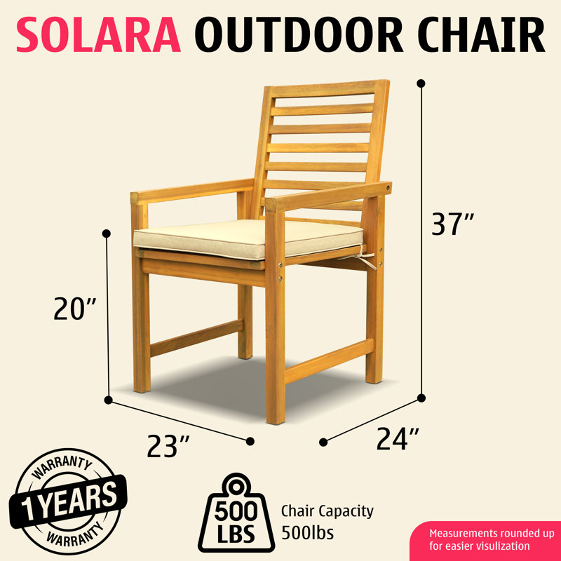 Chaises de salle à manger d'extérieur en bois d'acacia Tranquillo Solara - ensemble de 2 avec coussins, capacité de charge de 500 lb