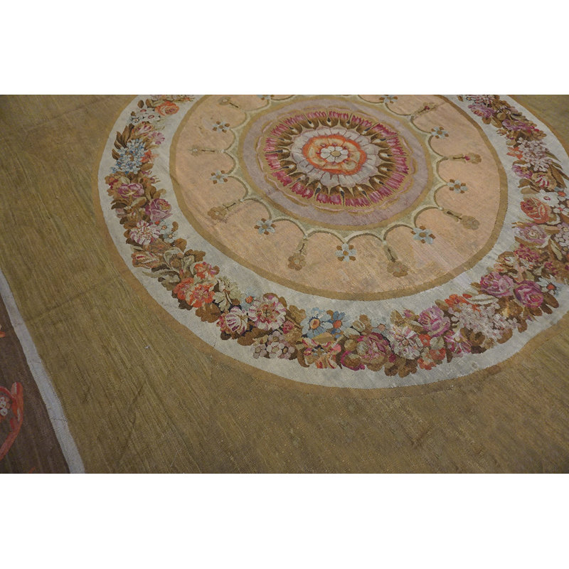 Green Color Floral Medallion Design Antique Square Flatweave French Aubusson Rug