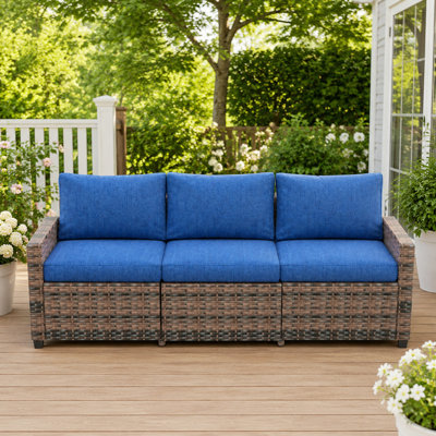 Canapé d'extérieur 3 places, canapé en osier PE avec accoudoirs larges et coussins épais, siège profond à pieds hauts, ensemble de conversation en rotin toutes saisons pour la cour de jardin, bleu