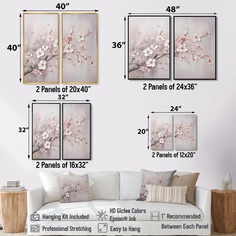 Fleurs de cerisier roses et grises - Fleurs florales, impressions sur toile, Argent argent, H 36 po x l 48 po