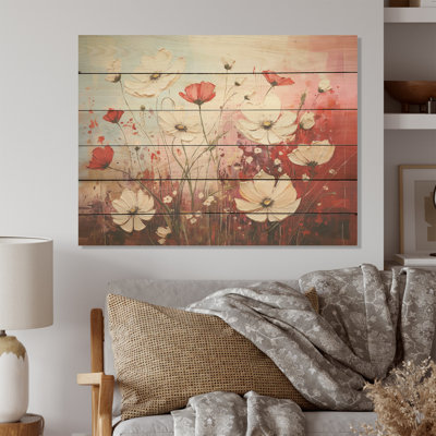Pétales de cramoisi blancs et rouges dévoilés - Art mural en bois sur bois de pin naturel