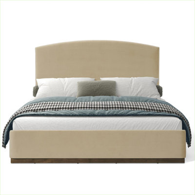 Platform Bed Queen Size Velvet Upholstered Thick Padded Headboard Solid Wood Construction For Bedroom Use