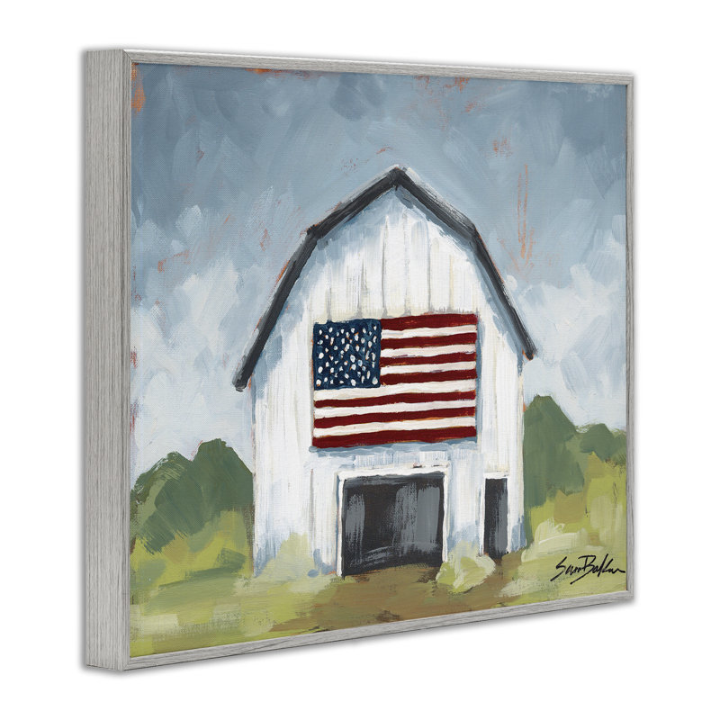  «Patriotic Country Barn», art de la giclée encadrée par Sara Baker, H 16 po x l 20 po, Estampe numérique Farmhouse