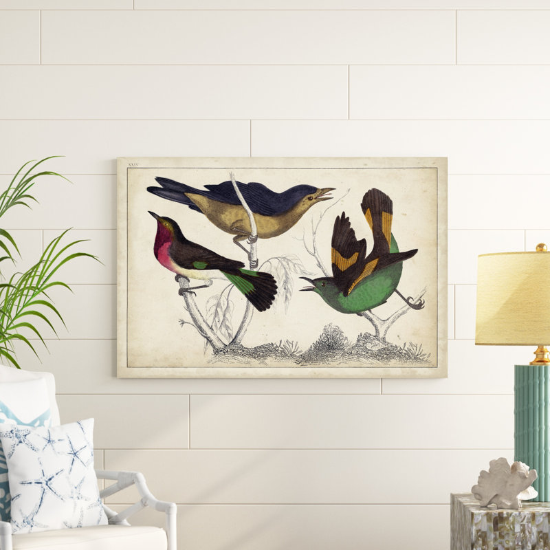 Tropical Bird Trio II - peinture sur toile tendue, H 32 po x l 48 po x P 1,25 po