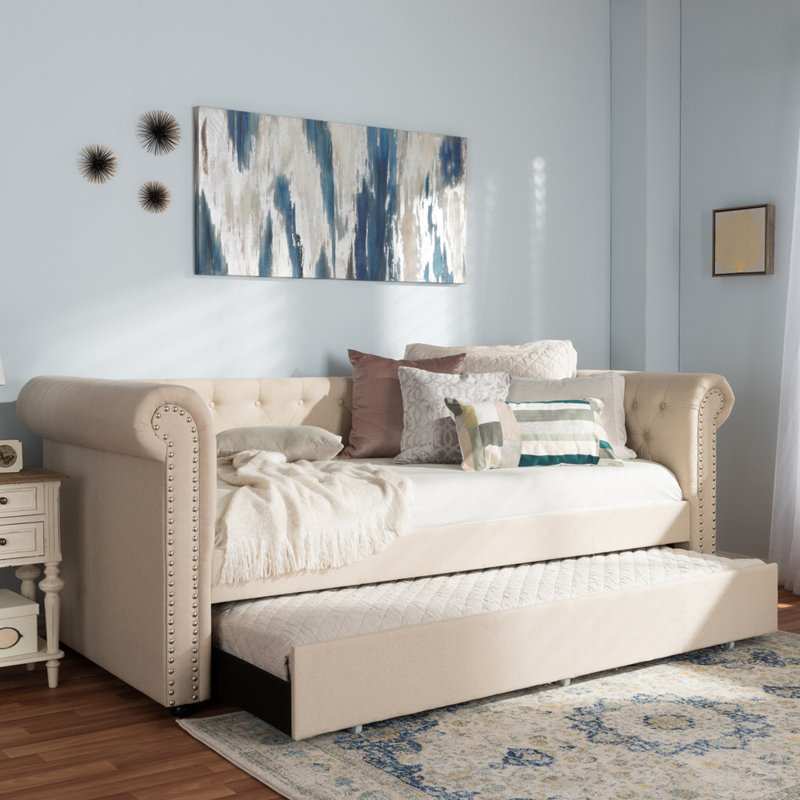 Mickel Upholstered Twin Daybed with Trundle, Beige