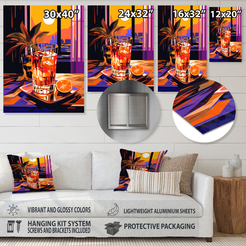 Jaune et rouge, coucher de soleil et harmonie cocktail - Art mural en métal cocktails, H 20 po x l 12 po x P 1 po