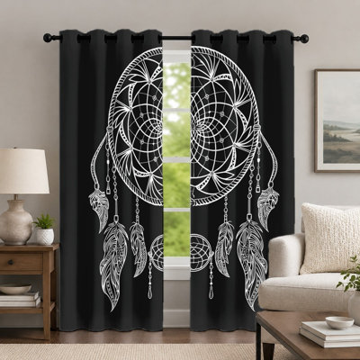 2Pcs Black and White Dreamcatcher Pattern Curtains, Boho Style Curtain, Artistic Geometric Feathers Printed Grommet Drapes, Window Treatment for Bedroom Living Room Decor