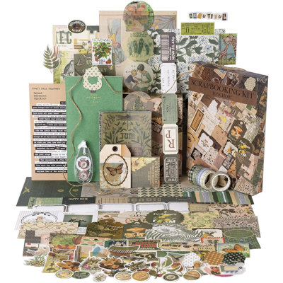 Ensemble de fournitures vintage pour scrapbooking, papiers et autocollants pour bullet journal, collages et loisirs créatifs.