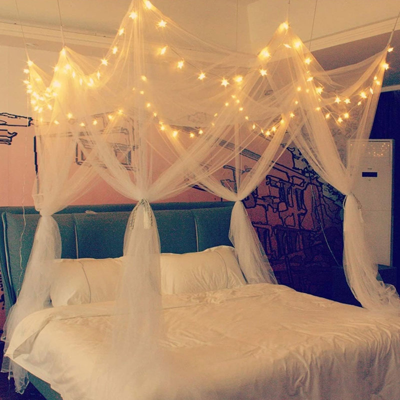8 Corner Bed Canopy with 100 LED String Lights Unique Style 4 Door Square Canopy(White)