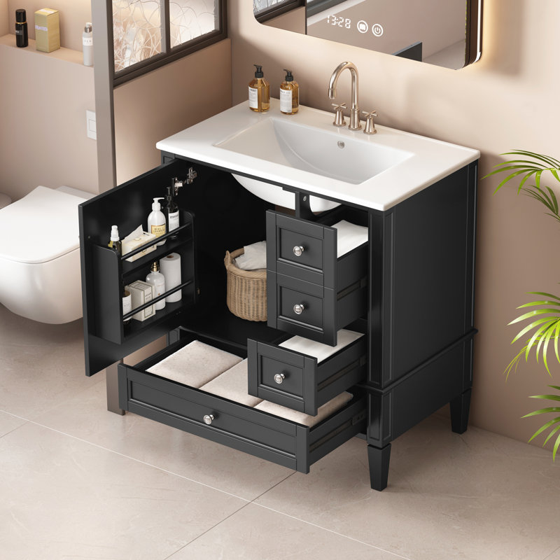 Meuble-lavabo de salle de bain avec lavabo en céramique, Noir / argenté