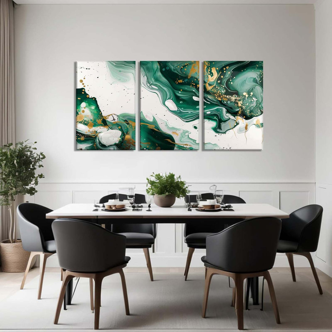 Green Abstract Canvas Wall Art 3 Piece White And Gold Picture Texture Painting Abstract Prints Contemporary Artwork For Living Room Bedroom Modern Hom