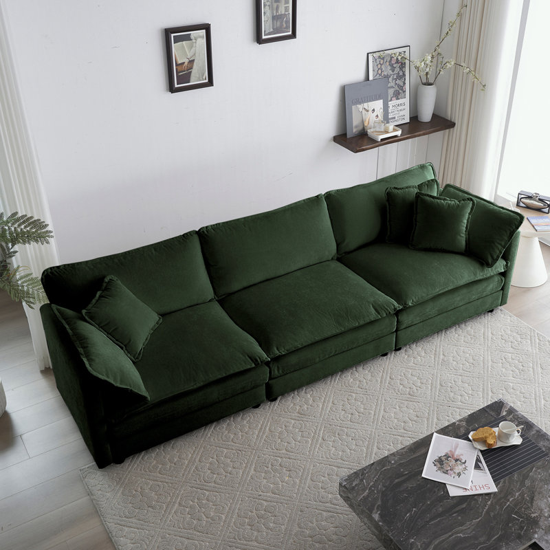 Tomica Mid-Century Modern Sectional Base Sofa with Removable Pillows Solid Wood Frame and Quick Assembly, Green Chenille, 3