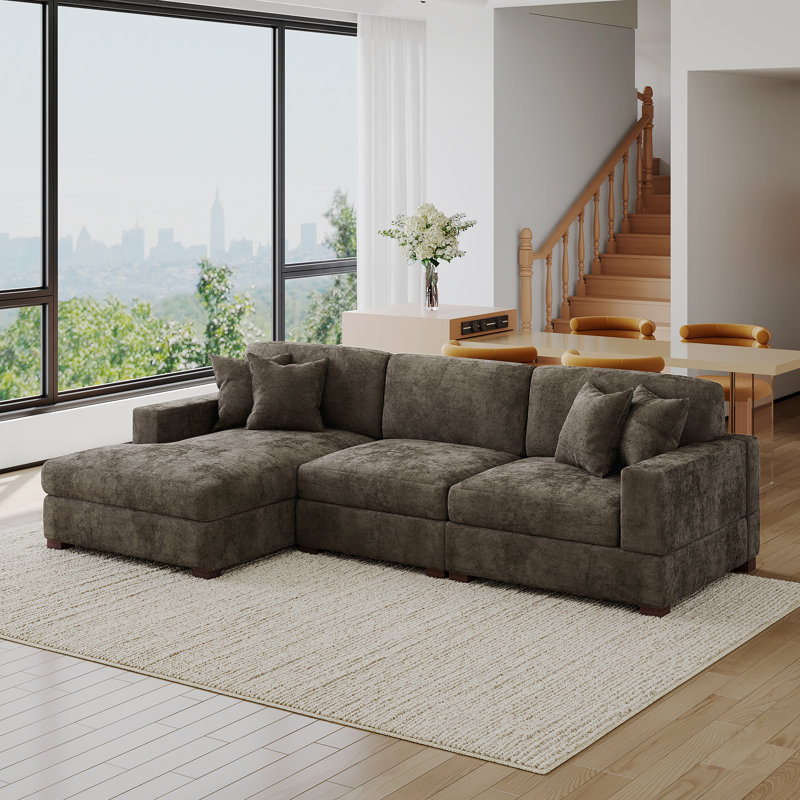 3 - Piece Upholstered Camel Chenille Modular Sectional Sofa with Armrests & Throw Pillows, Left Hand Facing, Camel Chenille