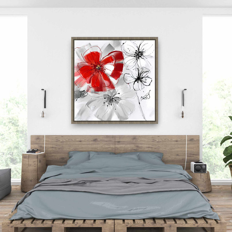Fleurs rouges et grises - Toile encadrée illustrée