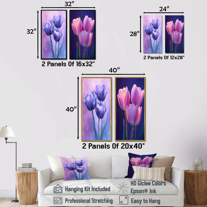Lavande tulipes Twilight Shine I - art mural floral 2 pièces, H 32 po x l 33 po, Cadre crème crème
