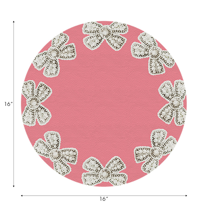 Pearl Bow Vegan Leather Round Pebble Placemat, Pink
