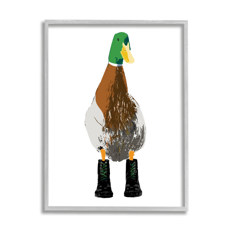 Canard colvert portant des bottes, art mural texturé giclée par Kamdon Kreations_aq-627, H 30 po x l 24 po x P 1,5 po, gris