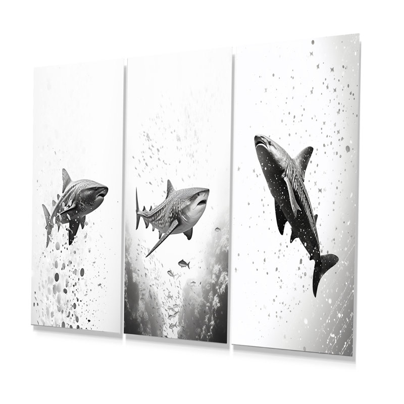 Monochrome Grey Shark Dance - Shark Metal Wall Decor Set Of 3, 28" H x 36" W