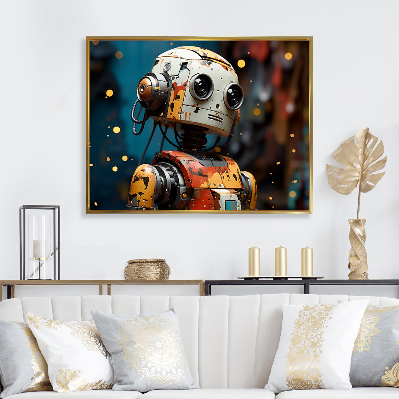 Popart Robot Fusion I - Art mural Pop Art, Cadre flottant doré, H 34 po x l 44 po x P 1,5 po