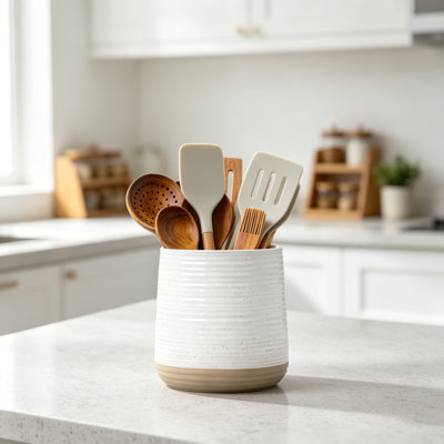 Ceramic Kitchen Utensil Holder, Modern Farmhouse Spatula Organizer, Rustic Handcrafted Crock for Countertop Storage, Spoons Cooking Tools Caddy, Natural Terra-cotta Style