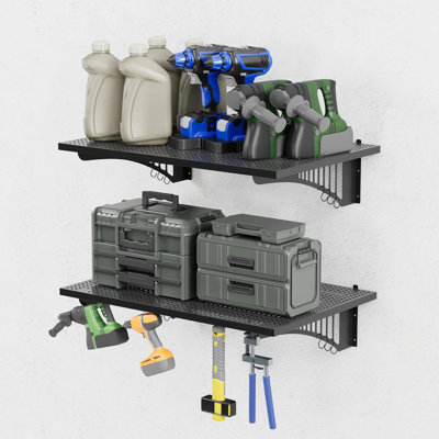 Paquet de 2 tablettes murales de garage réglables de 2 pi x 3 pi - Rangement en métal robuste avec capacité de charge de 500 lb, support de rangement flottant avec crochets pour atelier et garage