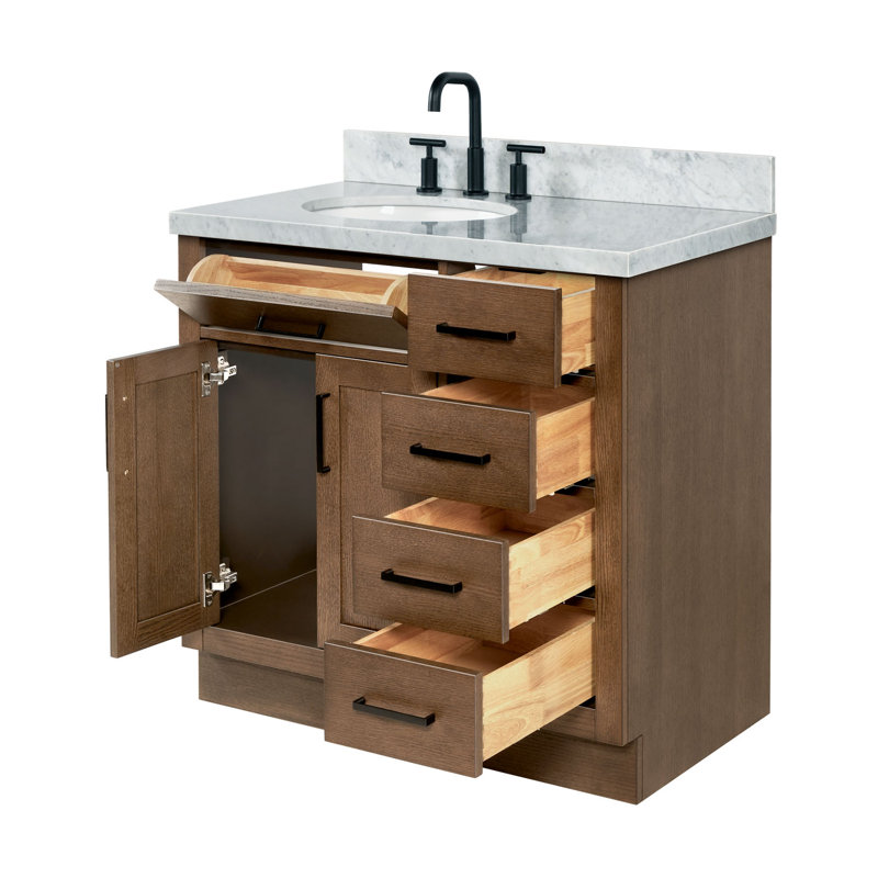 Meuble-lavabo simple en bois massif 36 po Tidworth avec plateau en marbre de Carrare 1,5 po, Gauche, Ovale