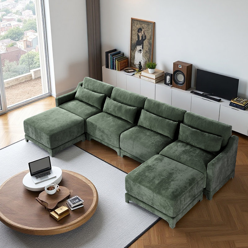 4 Seater Sofa,U Shape Sofa 1 Movable Ottoman,Chenille Fabric,Solid Wood Frame, Suits Living Rooms, Hotels, Lounges