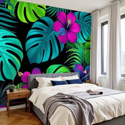 Peel and Stick Wallpaper Vibrant Tropical Leaves Hibiscus Flower Wall Murals 100"H x 144"W Removable PVC Wall Paper Self-Adhesive Wall Decor for Bedroom Living Room Home Office