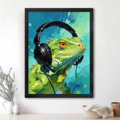 «Black», encadré noir, amateur de musique de jeu rétro, lézard animal de jeu, impression encadrée de style aquarelle tendance