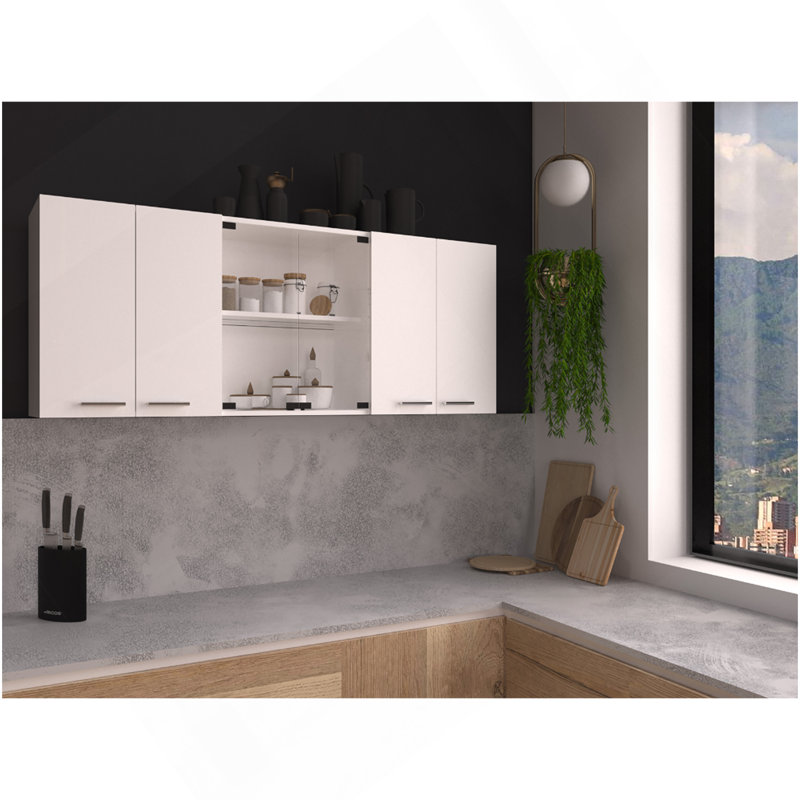 Armoire murale H 24 po, quatre portes, avec deux tablettes internes et plaque interne et organisateur en verre, deux tablettes de rangement avec deux portes en verre, blanc