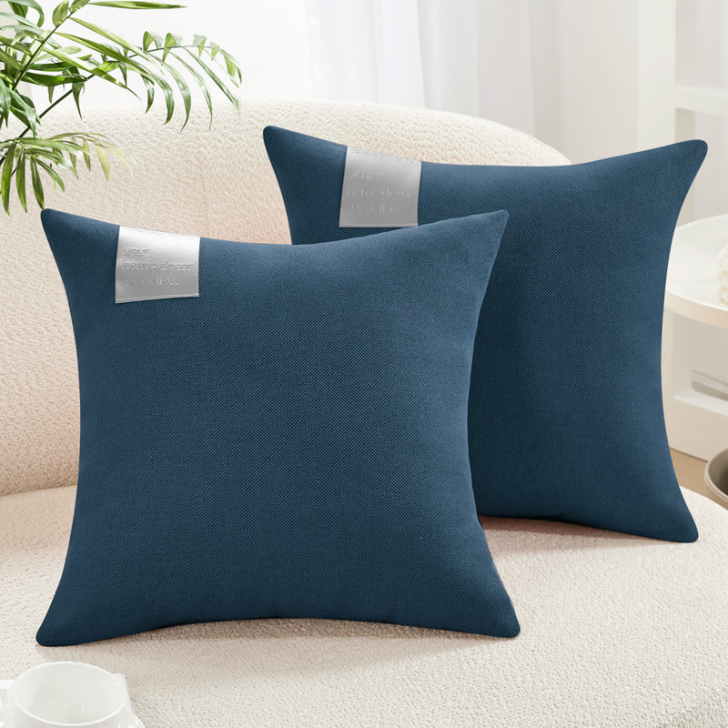 Decorative Solid Pillow Covers with Leather Label (Set of 2), 22"H x 22"W, Navy