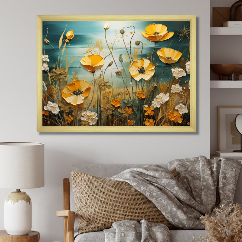 «Yellow Buttercups Yellow Glow», impression sur toile encadrée, H 34 po x l 44 po x P 1,5 po, Encadrement doré