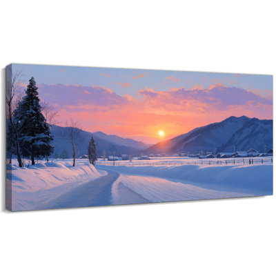 Christmas Winter Scene Canvas Wall Art, Snowy Road Sunset Canvas Prints Picture for Living Room, Bedroom Decor, Holiday Wall Hanging Poster Artwork for Family Spaces, 32x16 Inch