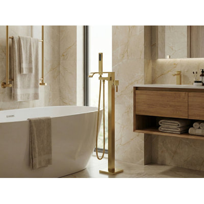 Cozyblock Floor Mount Bathtub Faucet Freestanding Tub Filler Standing High Flow Shower Faucets Mixer Tap, Swivel Waterfall Spout With Square Handheld | Modern Design Tub Filler Faucet (brushed Gold)