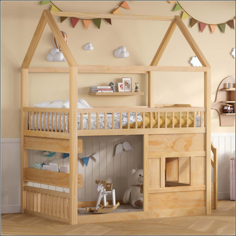 Lit maison en bois avec tablette DEL intégrée, Naturel