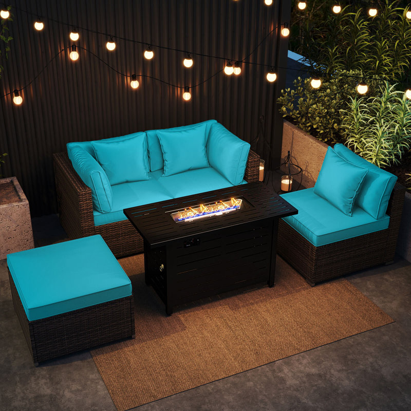 Ensemble de 5 meubles de patio en rotin à cadre robuste avec table de foyer de 60 000 BTU turquoise, Bleu