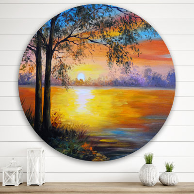 Arbre du soir près du lac - Cercle traditionnel en métal, art mural