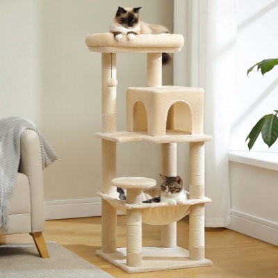 Arbre à chat d'intérieur à 5 niveaux avec hamac en métal, condo, perchoir supérieur et 4 poteaux à griffer