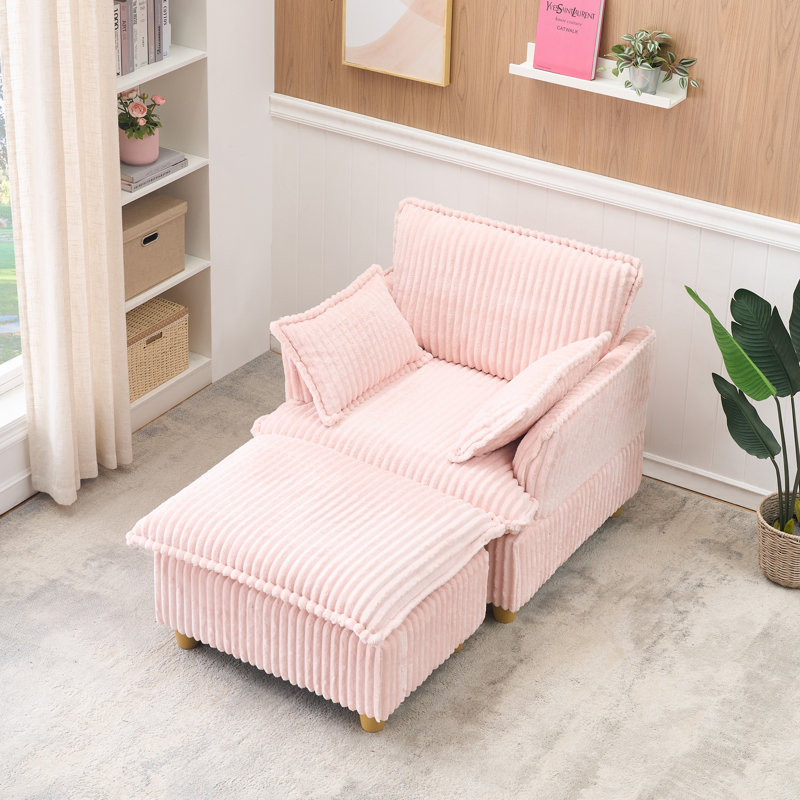 Chaise longue en velours côtelé avec repose-pieds et coussins Leta, Rose