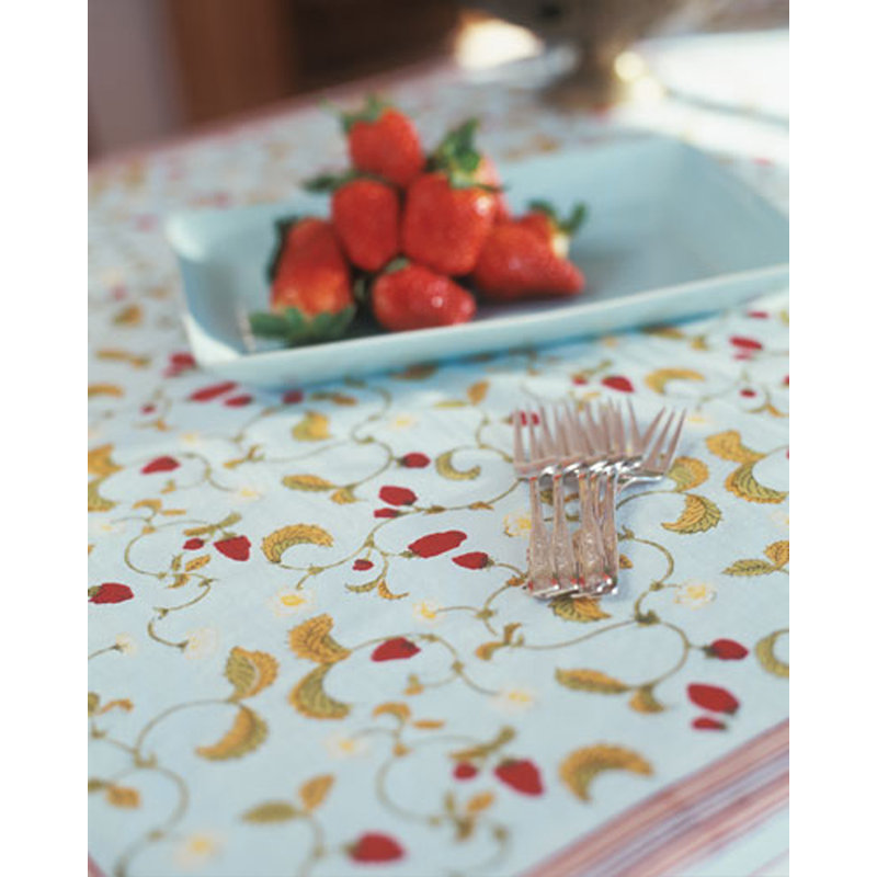 Strawberry Handmade Floral Tablecloth, Blue, 90” Square