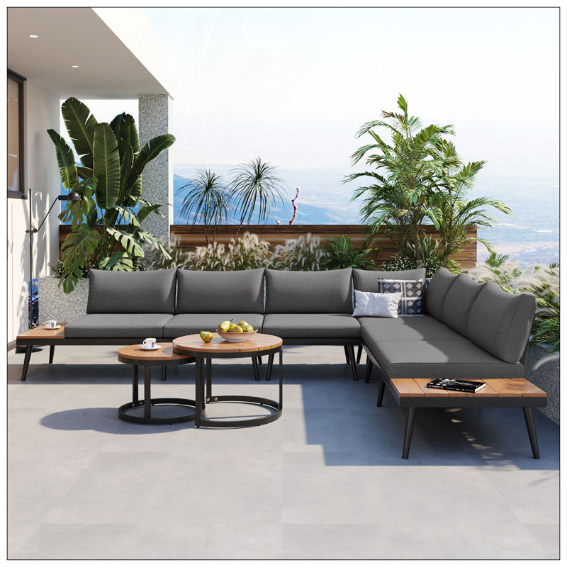 Ensemble de canapé modulaire d'extérieur 6 pièces avec tables basses gigognes rondes et canapé avec coussins pour patio, porche et jardin (gris)