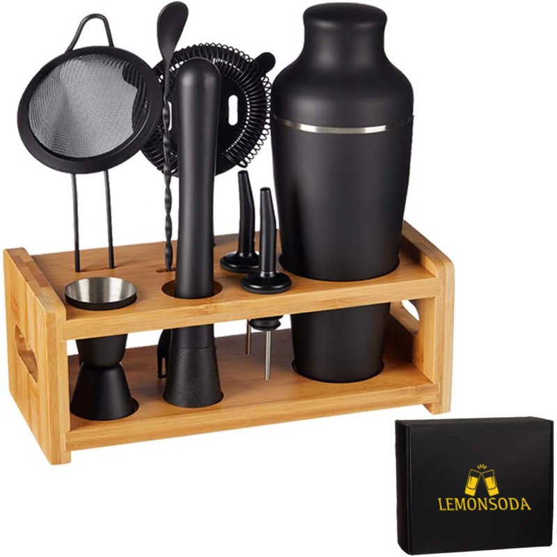 Matte Black 8-Piece Stainless Steel Cocktail Shaker Set with Bamboo Stand