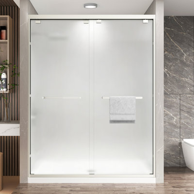 49"-54" W x 76" H Aluminum Semi-frameless Double Sliding Shower Door in Brushed Nickel with 1/4" Frosted Tempered Glass, Dual Handle