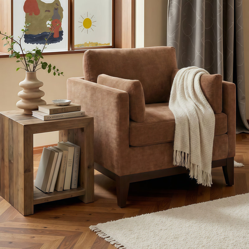 Fauteuil d'appoint contemporain avec coussins réversibles et élégance campagnarde, Brun